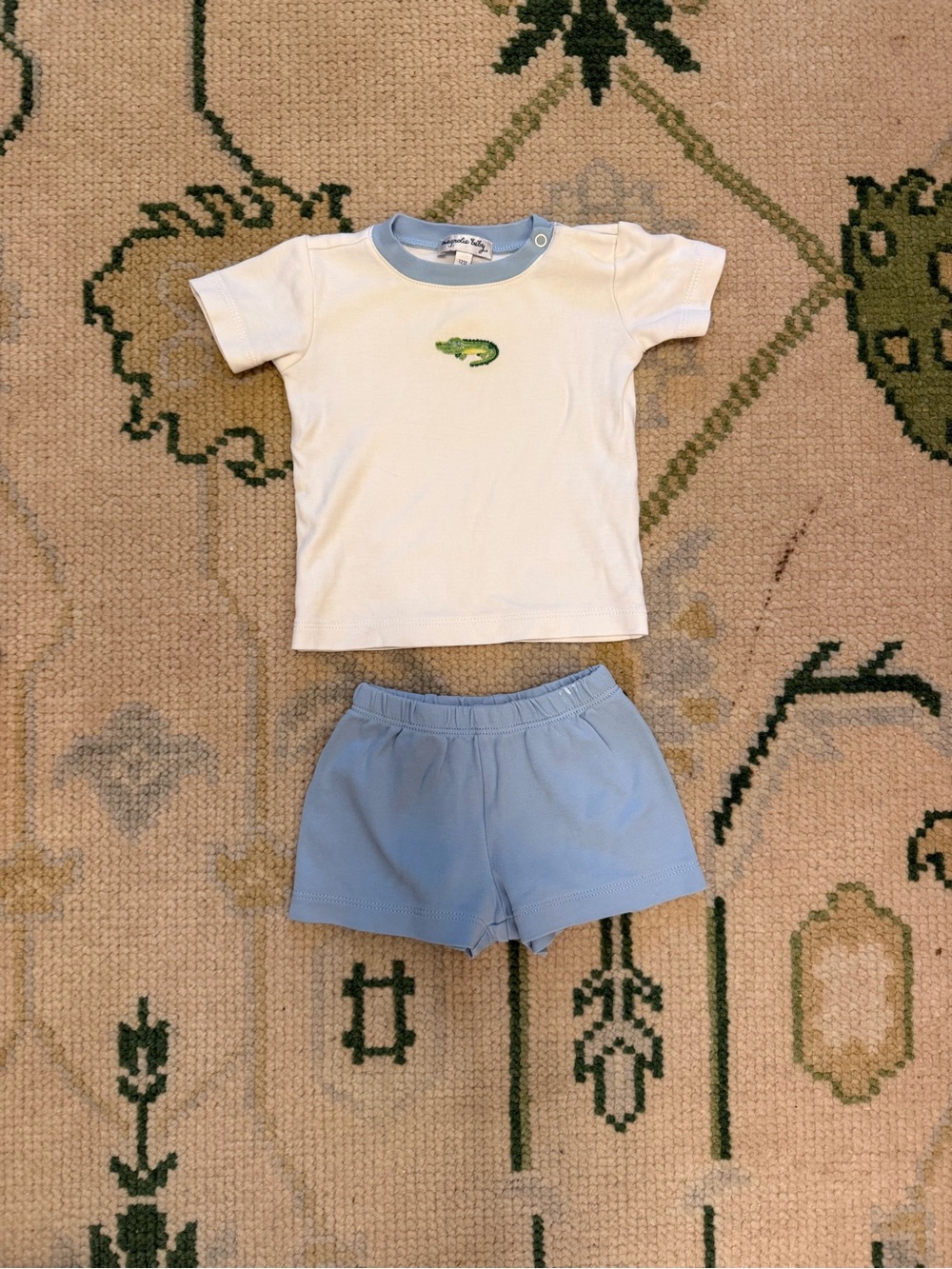 White Tee and Light Blue Shorts Matching Set with Green Crocodile Embroidery